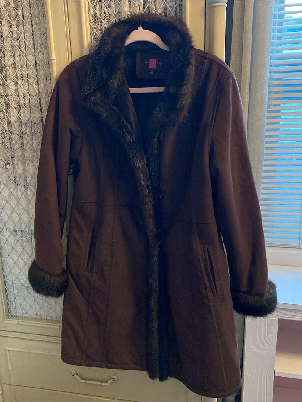 Womens Brown Faux-Fur Trim Coat